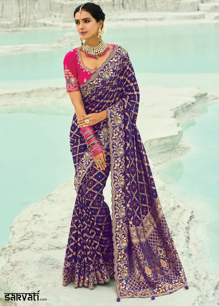 Indigo Blue Bandhej Saree with Moti & Cut Dana Handwork: Navratri Edit