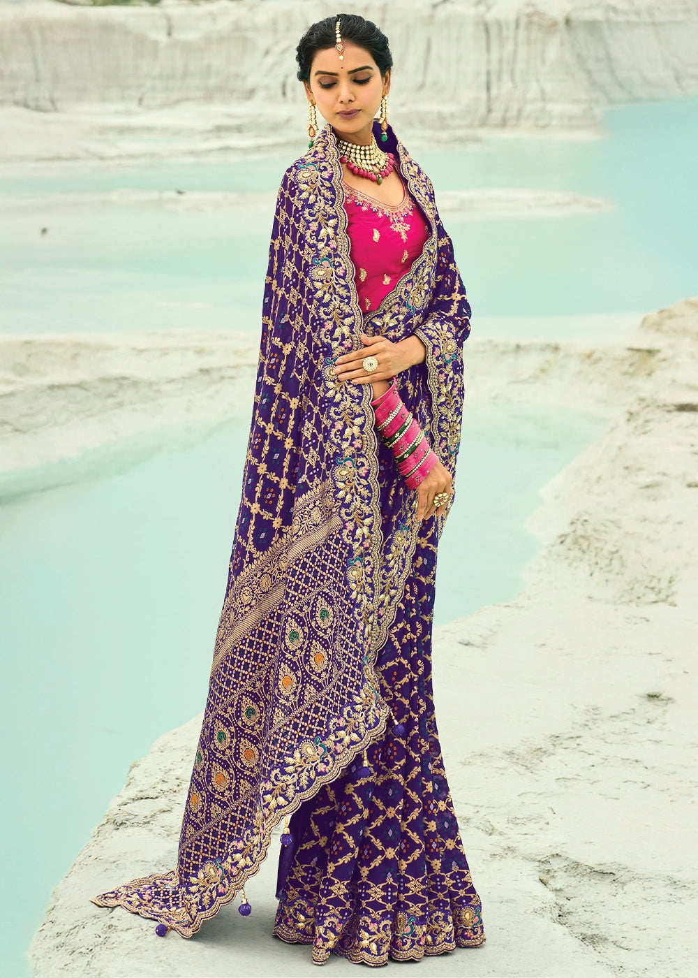 Indigo Blue Bandhej Saree with Moti & Cut Dana Handwork: Navratri Edit