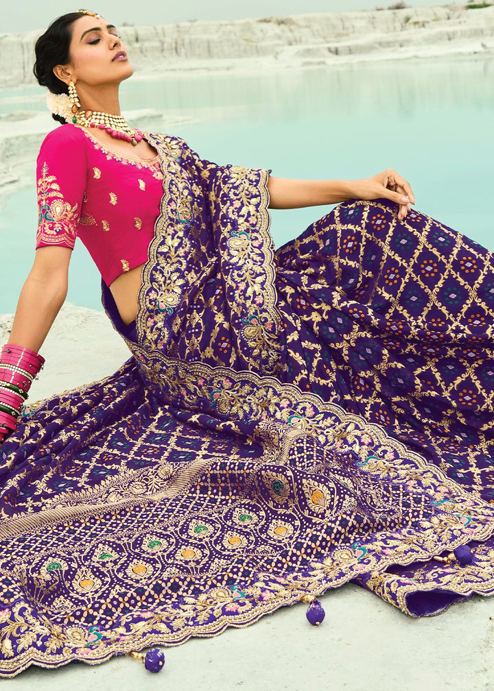 Indigo Blue Bandhej Saree with Moti & Cut Dana Handwork: Navratri Edit