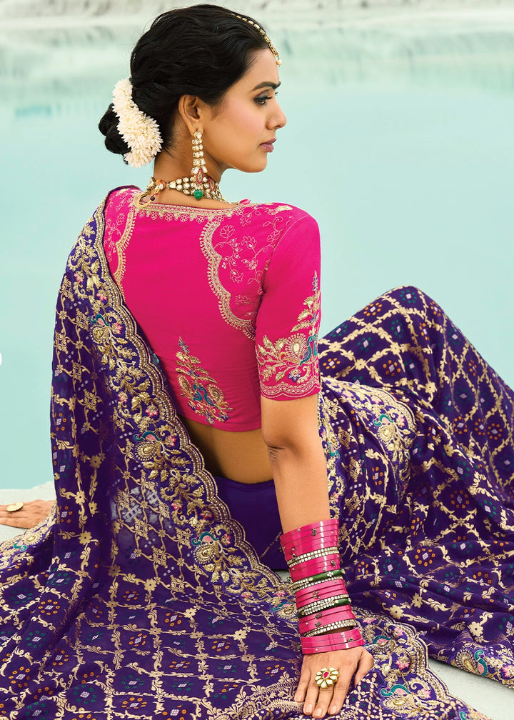 Indigo Blue Bandhej Saree with Moti & Cut Dana Handwork: Navratri Edit
