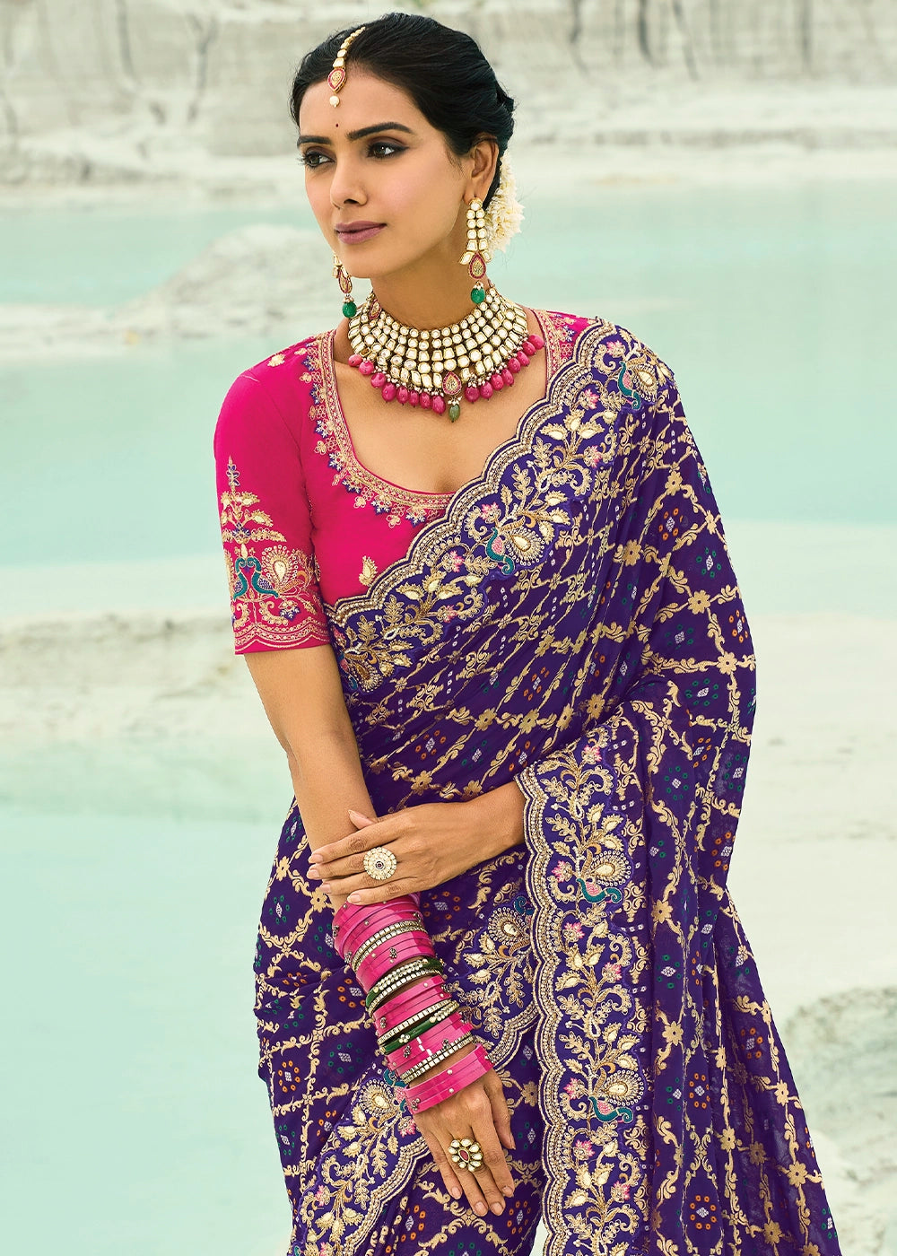 Indigo Blue Bandhej Saree with Moti & Cut Dana Handwork: Navratri Edit