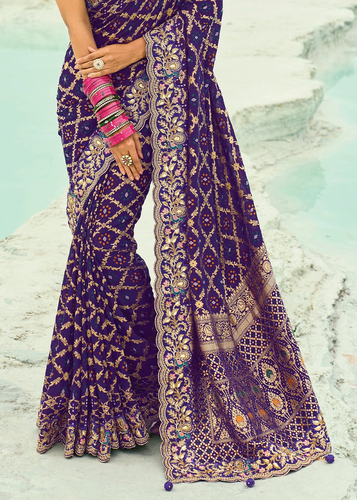 Indigo Blue Bandhej Saree with Moti & Cut Dana Handwork: Navratri Edit