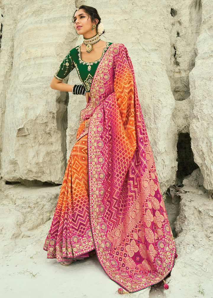 Orange & Pink Bandhej Saree with Moti & Cut Dana Handwork: Navratri Edit