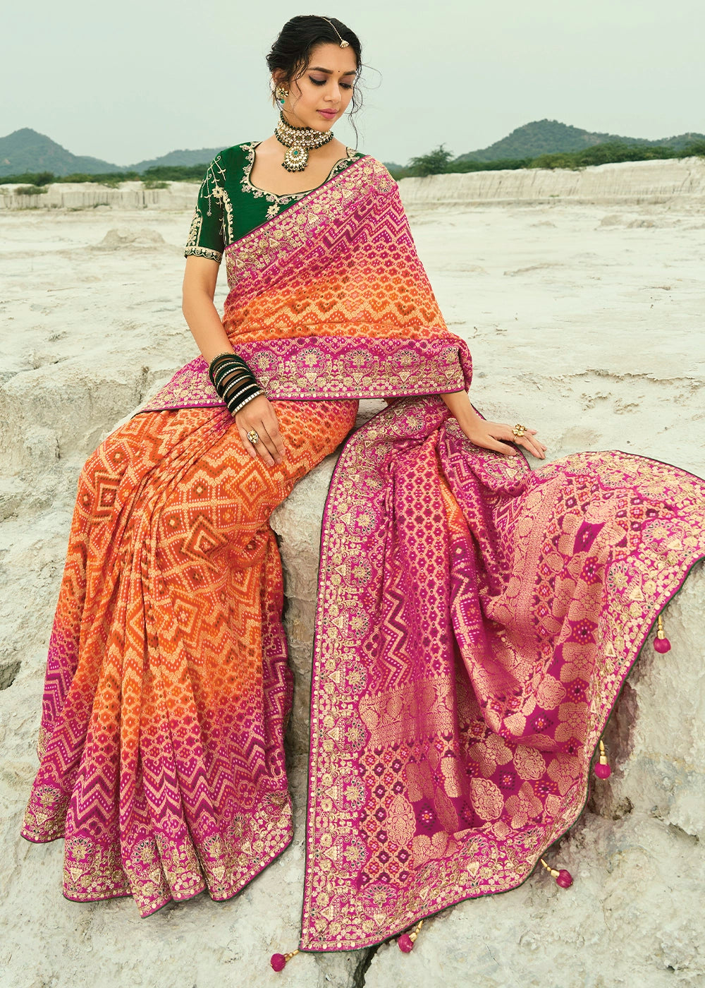 Orange & Pink Bandhej Saree with Moti & Cut Dana Handwork: Navratri Edit