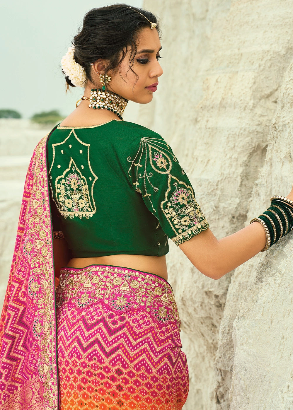 Orange & Pink Bandhej Saree with Moti & Cut Dana Handwork: Navratri Edit
