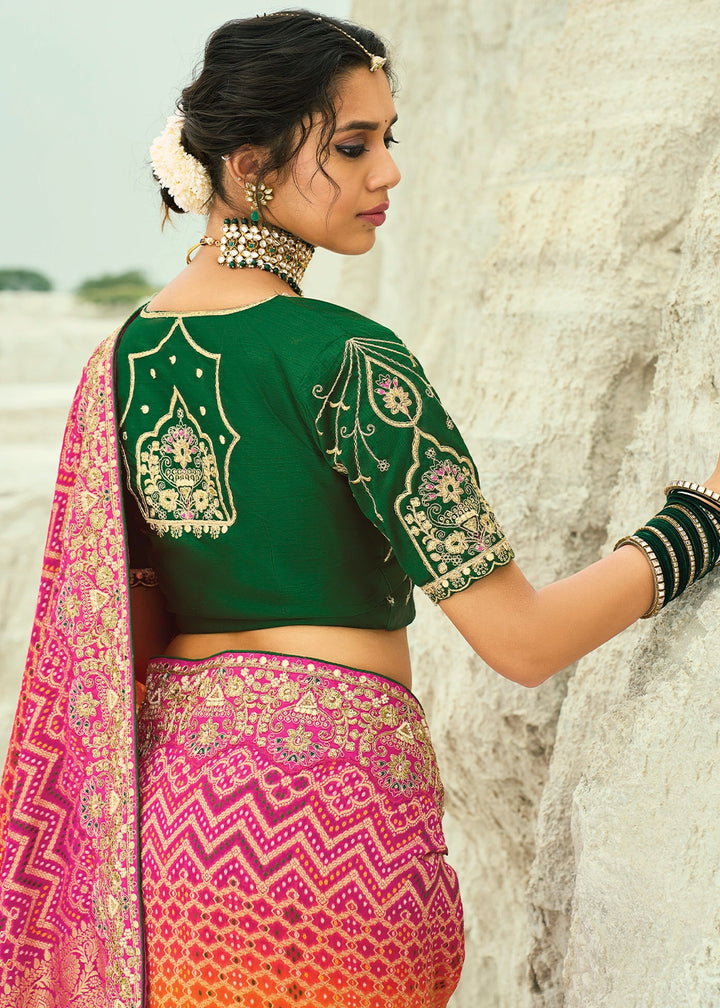 Orange & Pink Bandhej Saree with Moti & Cut Dana Handwork: Navratri Edit