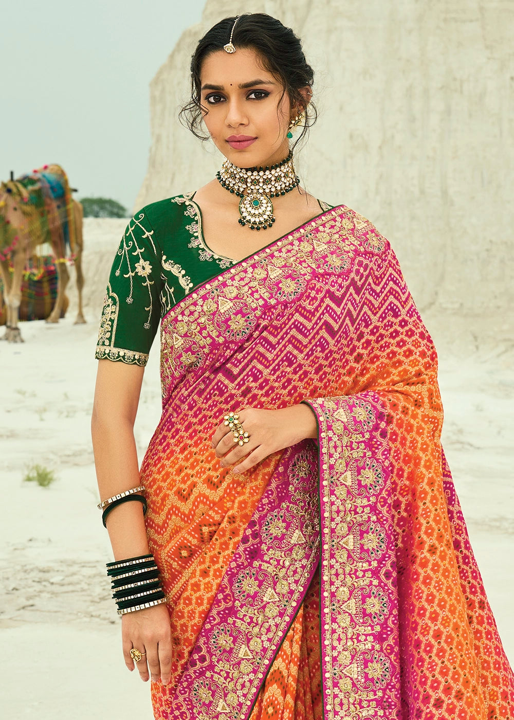 Orange & Pink Bandhej Saree with Moti & Cut Dana Handwork: Navratri Edit