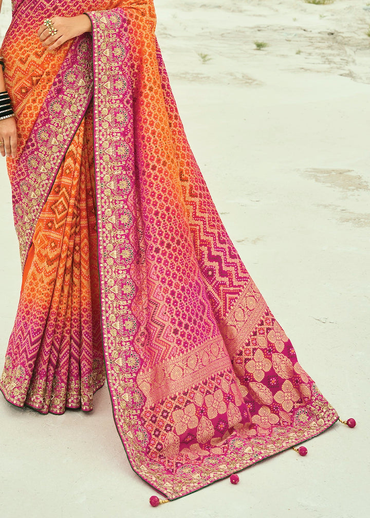 Orange & Pink Bandhej Saree with Moti & Cut Dana Handwork: Navratri Edit