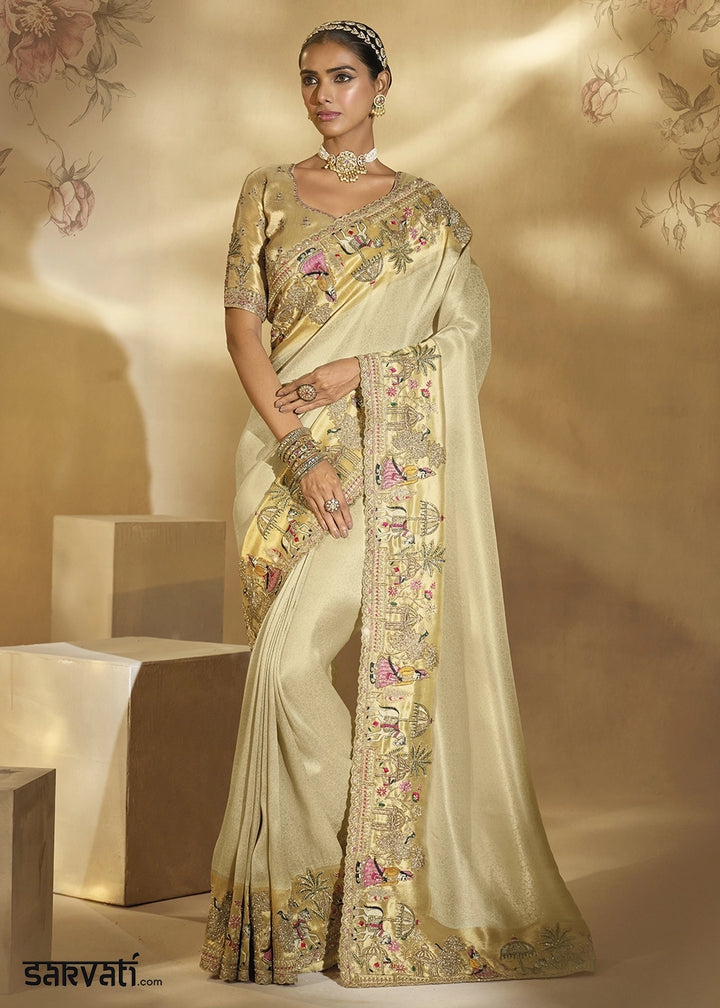 Cream White Kanjivaram Silk Saree with Intricate Thread, Cut-Dana and Zari Embroidery