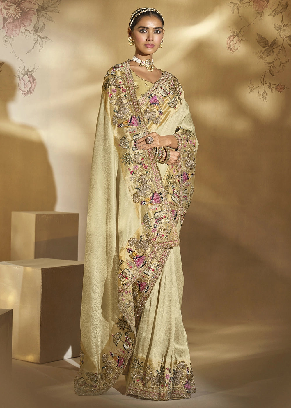 Cream White Kanjivaram Silk Saree with Intricate Thread, Cut-Dana and Zari Embroidery