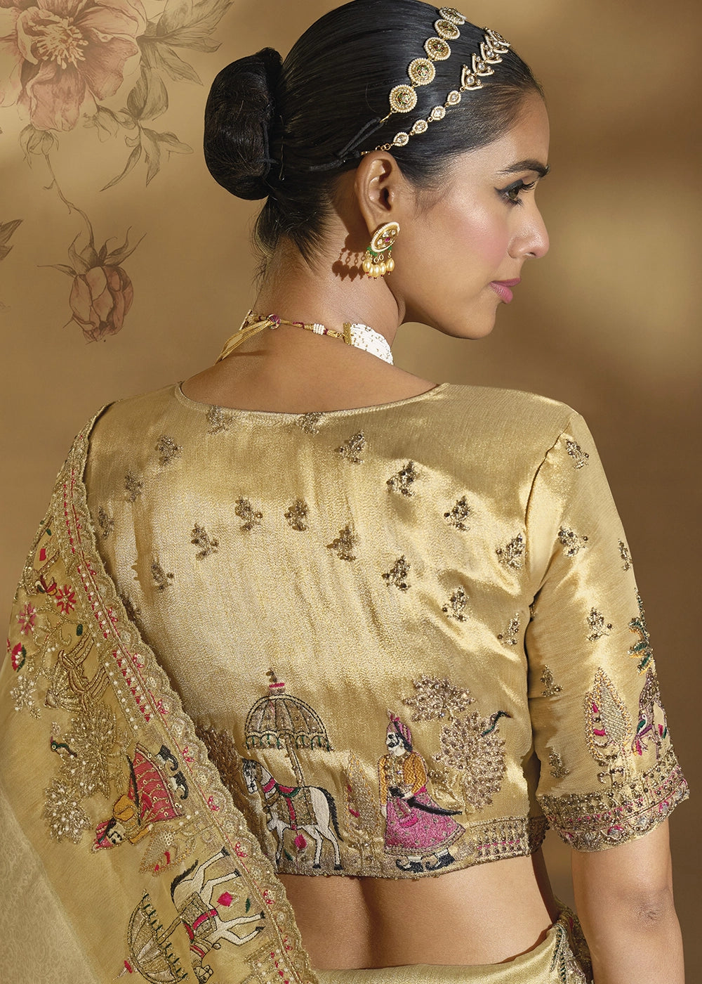 Cream White Kanjivaram Silk Saree with Intricate Thread, Cut-Dana and Zari Embroidery