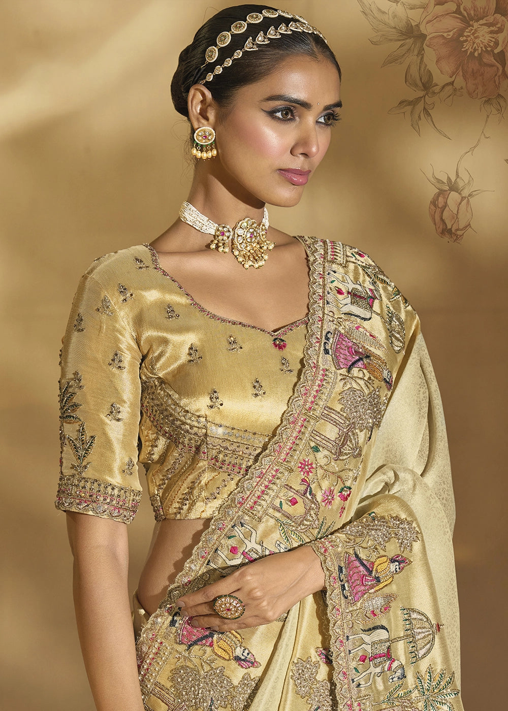 Cream White Kanjivaram Silk Saree with Intricate Thread, Cut-Dana and Zari Embroidery