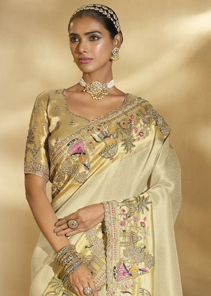 Cream White Kanjivaram Silk Saree with Intricate Thread, Cut-Dana and Zari Embroidery