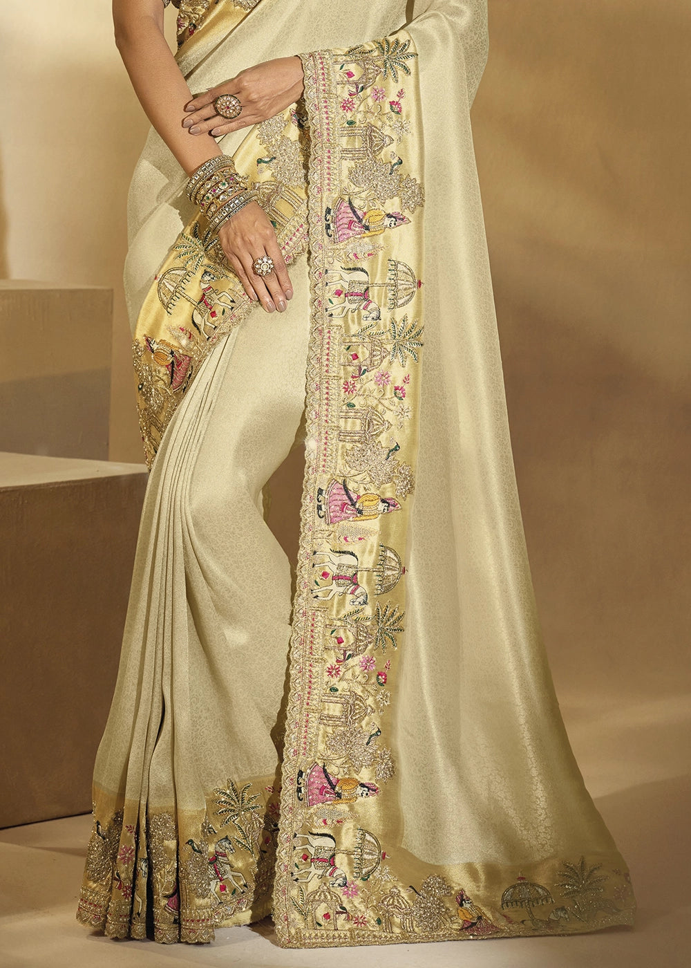 Cream White Kanjivaram Silk Saree with Intricate Thread, Cut-Dana and Zari Embroidery
