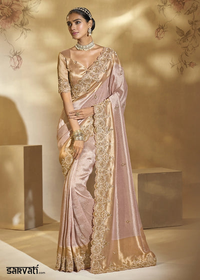 Lace Pink Kanjivaram Silk Saree with Intricate Thread, Cut-Dana and Zari Embroidery