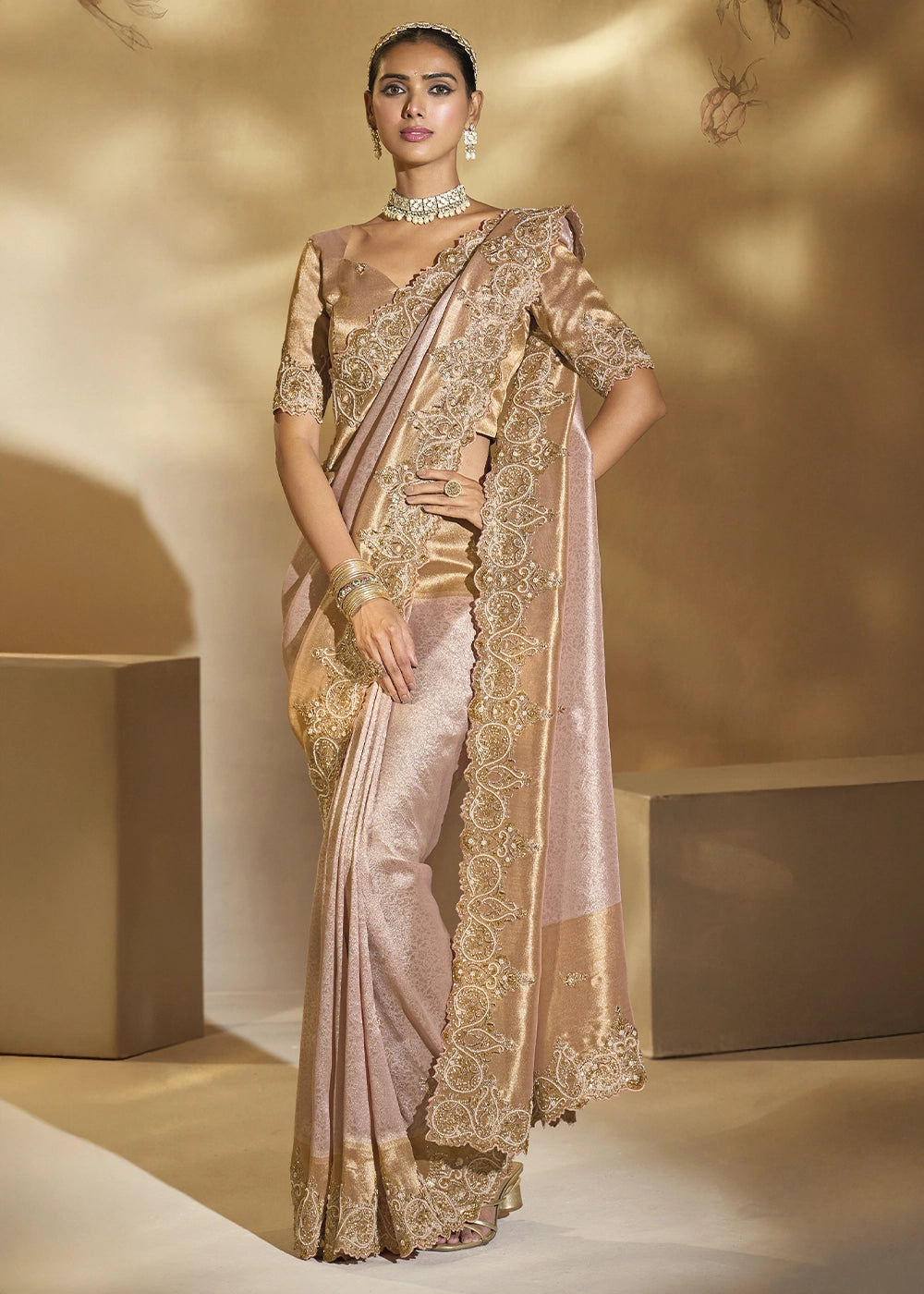 Lace Pink Kanjivaram Silk Saree with Intricate Thread, Cut-Dana and Zari Embroidery