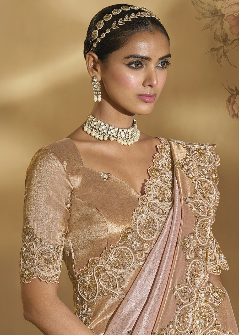 Lace Pink Kanjivaram Silk Saree with Intricate Thread, Cut-Dana and Zari Embroidery