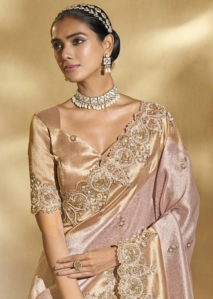 Lace Pink Kanjivaram Silk Saree with Intricate Thread, Cut-Dana and Zari Embroidery