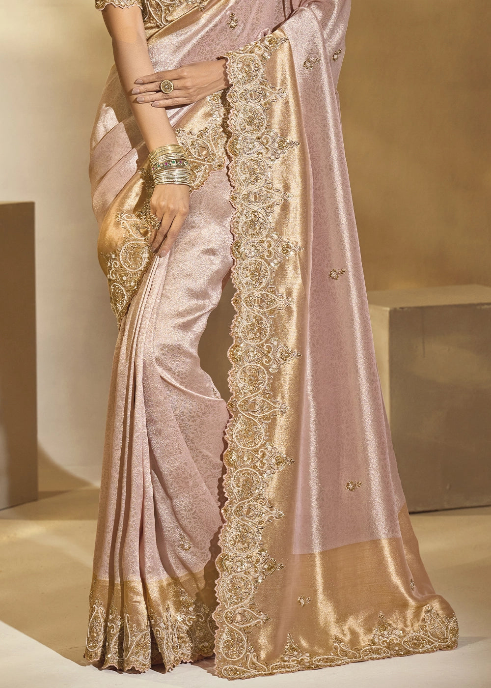 Lace Pink Kanjivaram Silk Saree with Intricate Thread, Cut-Dana and Zari Embroidery
