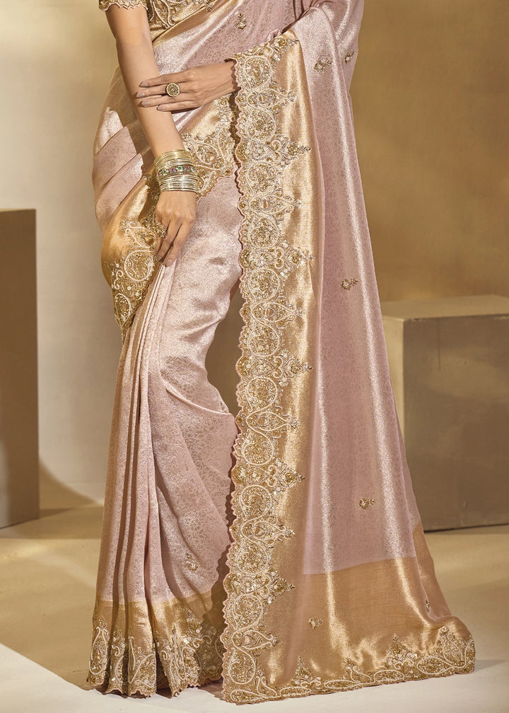 Lace Pink Kanjivaram Silk Saree with Intricate Thread, Cut-Dana and Zari Embroidery