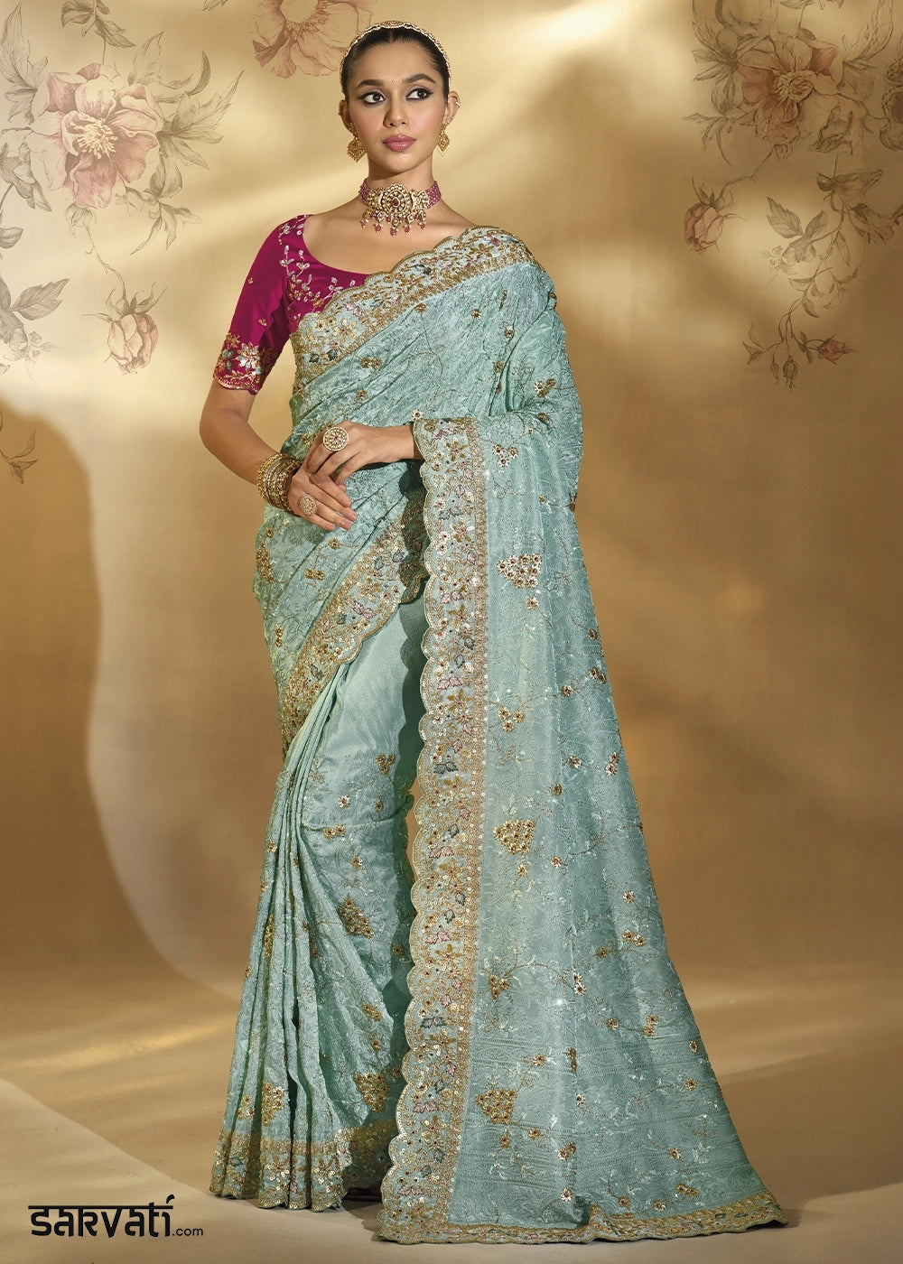 Pale Blue Banarasi Silk Saree with Rich Jharkan and Lucknowi Embellishments
