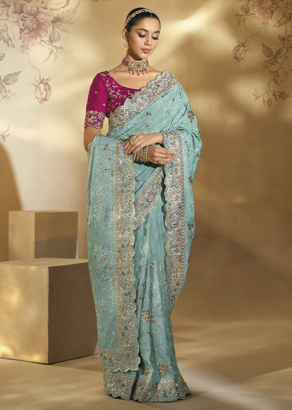 Pale Blue Banarasi Silk Saree with Rich Jharkan and Lucknowi Embellishments