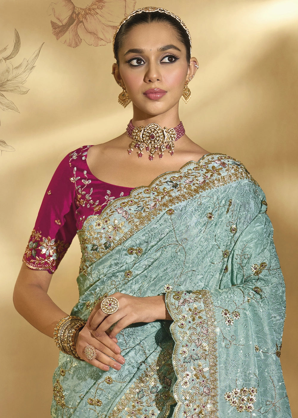 Pale Blue Banarasi Silk Saree with Rich Jharkan and Lucknowi Embellishments