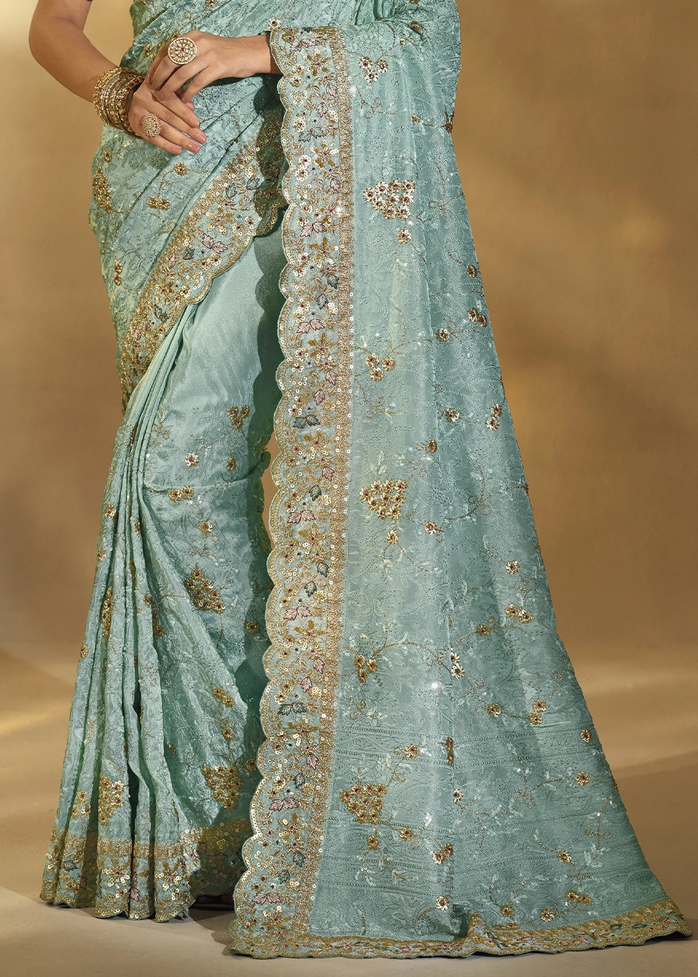 Pale Blue Banarasi Silk Saree with Rich Jharkan and Lucknowi Embellishments