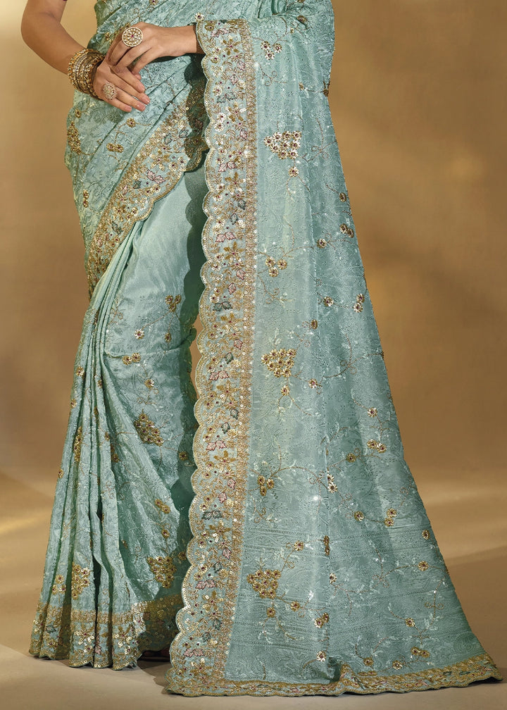 Pale Blue Banarasi Silk Saree with Rich Jharkan and Lucknowi Embellishments