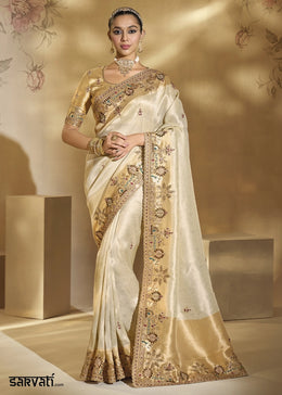 Cream White Kanjivaram Silk Saree with Intricate Zardosi, Cut-Dana and Mirror work