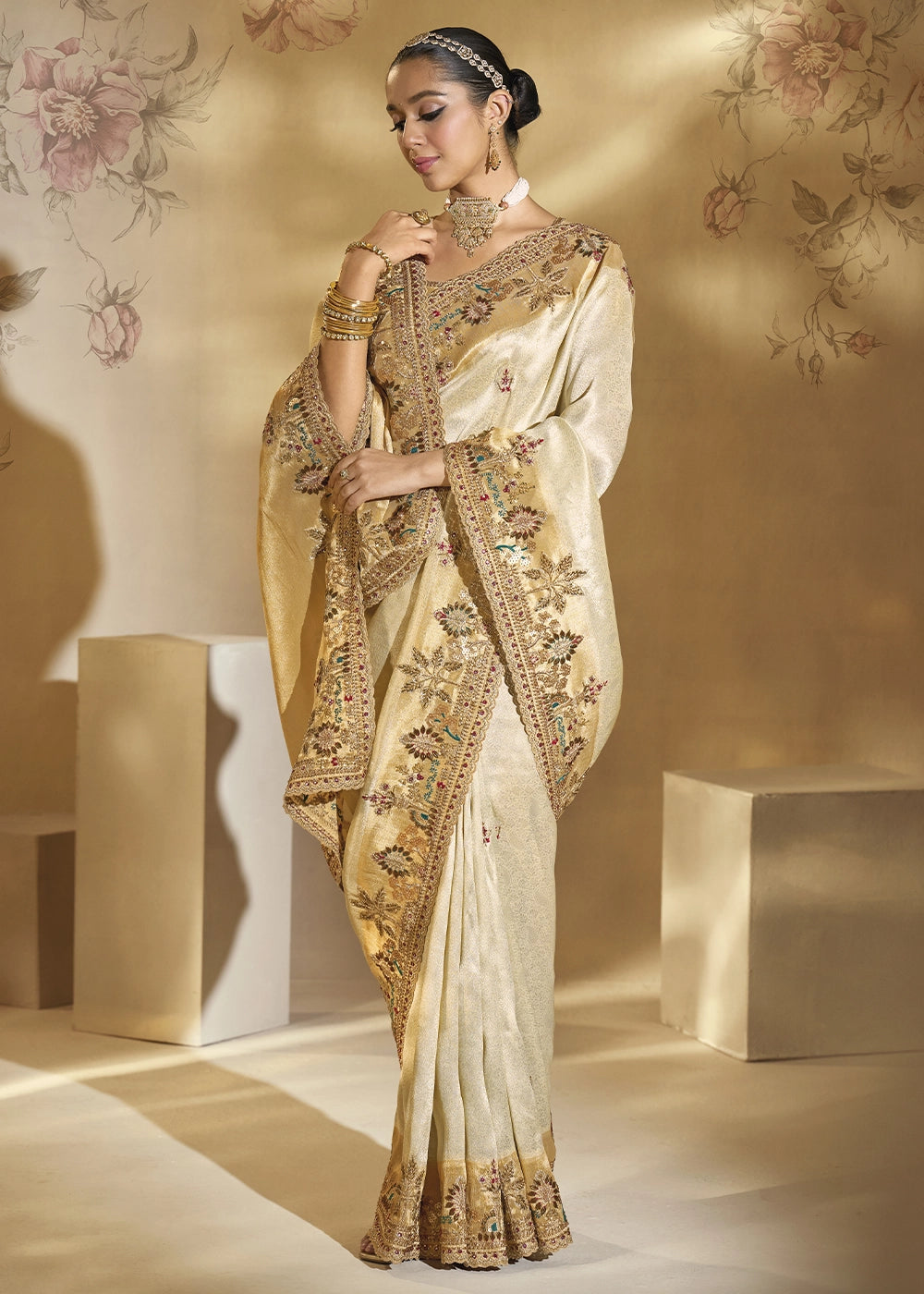 Cream White Kanjivaram Silk Saree with Intricate Zardosi, Cut-Dana and Mirror work