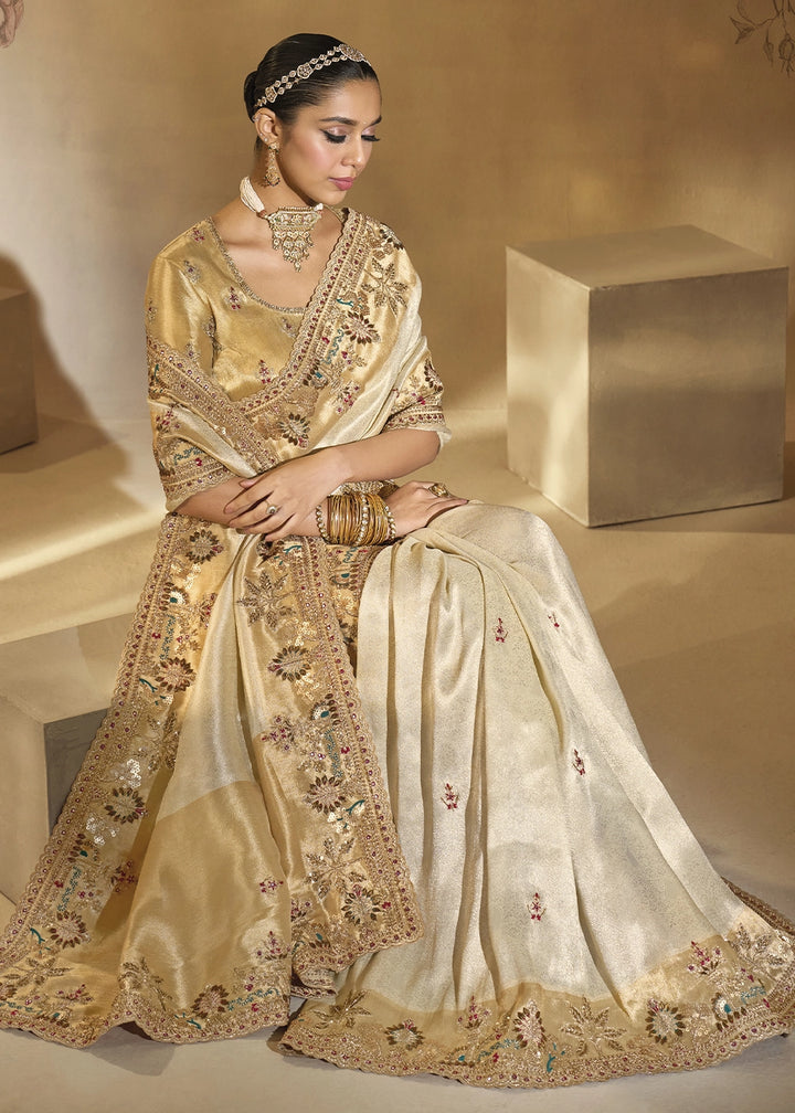 Cream White Kanjivaram Silk Saree with Intricate Zardosi, Cut-Dana and Mirror work
