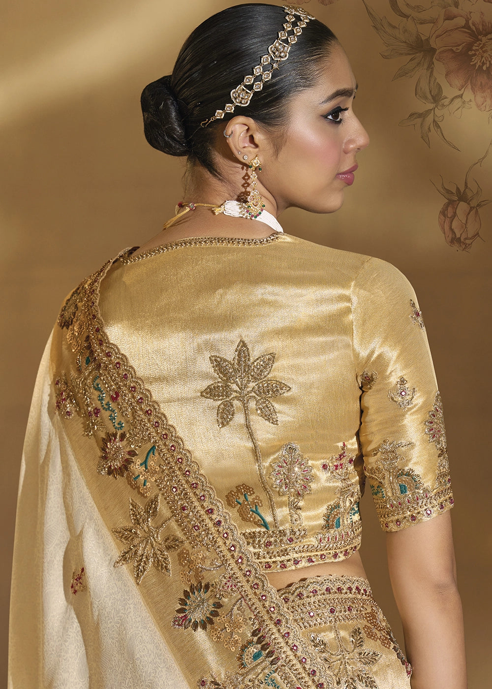 Cream White Kanjivaram Silk Saree with Intricate Zardosi, Cut-Dana and Mirror work
