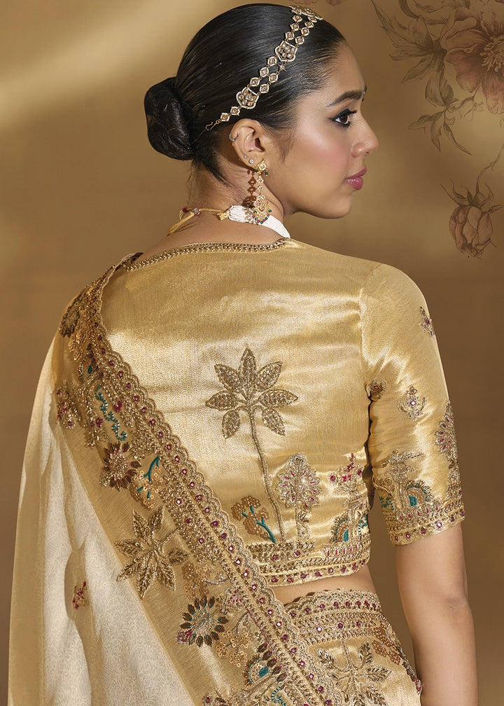 Cream White Kanjivaram Silk Saree with Intricate Zardosi, Cut-Dana and Mirror work
