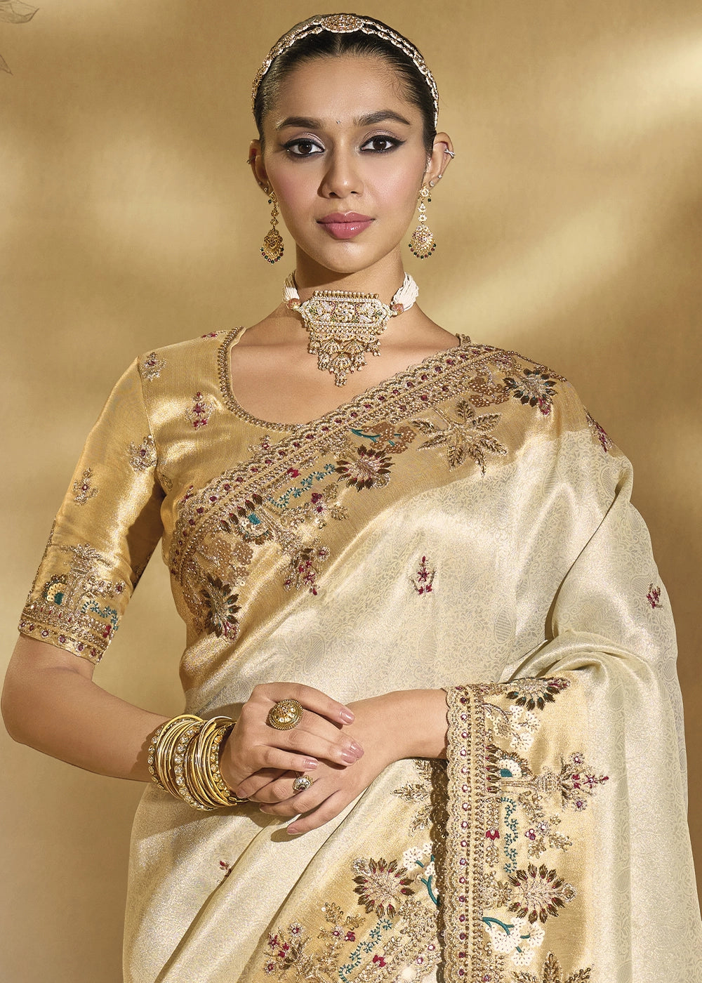 Cream White Kanjivaram Silk Saree with Intricate Zardosi, Cut-Dana and Mirror work