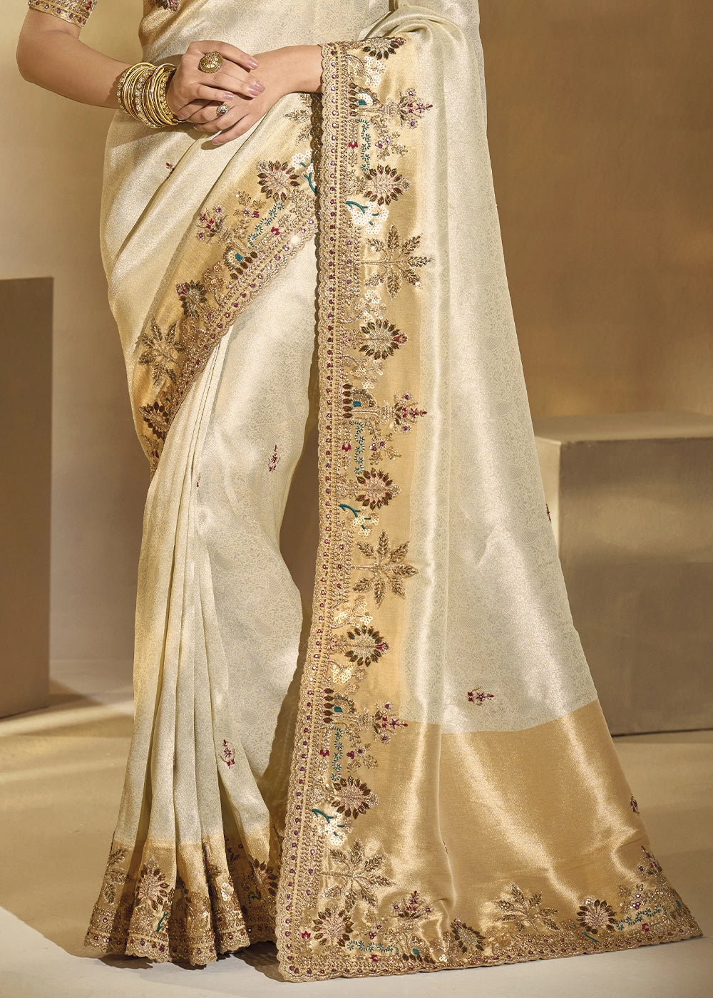 Cream White Kanjivaram Silk Saree with Intricate Zardosi, Cut-Dana and Mirror work