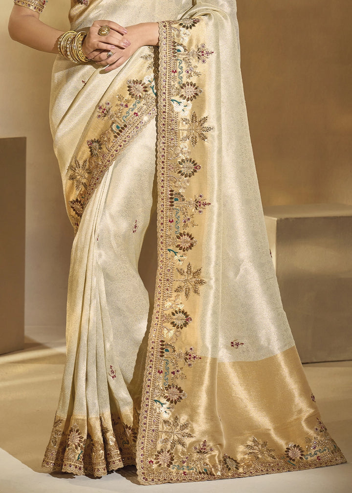 Cream White Kanjivaram Silk Saree with Intricate Zardosi, Cut-Dana and Mirror work