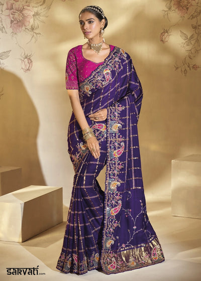 Indigo Purple Banarasi Silk Saree with Intricate Thread, Cut-Dana and Zari Embroidery