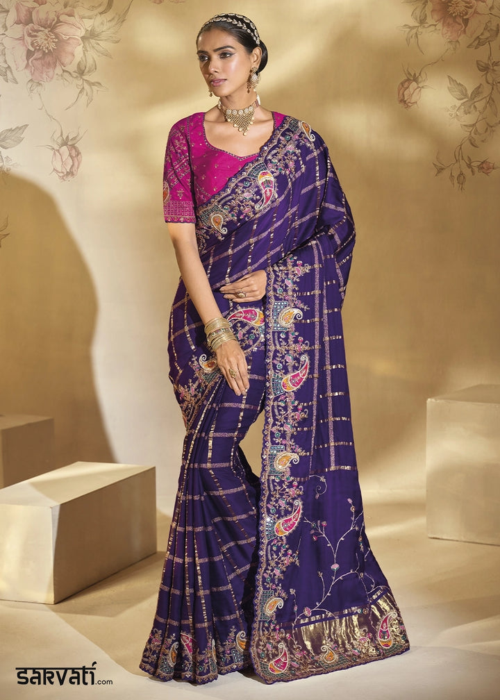 Indigo Purple Banarasi Silk Saree with Intricate Thread, Cut-Dana and Zari Embroidery