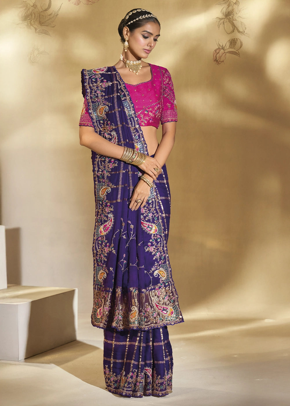 Indigo Purple Banarasi Silk Saree with Intricate Thread, Cut-Dana and Zari Embroidery