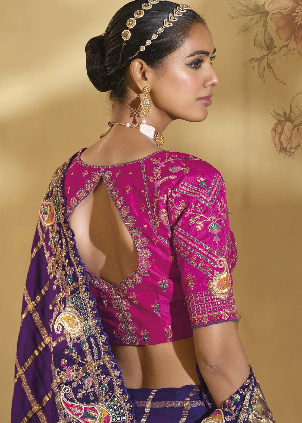 Indigo Purple Banarasi Silk Saree with Intricate Thread, Cut-Dana and Zari Embroidery