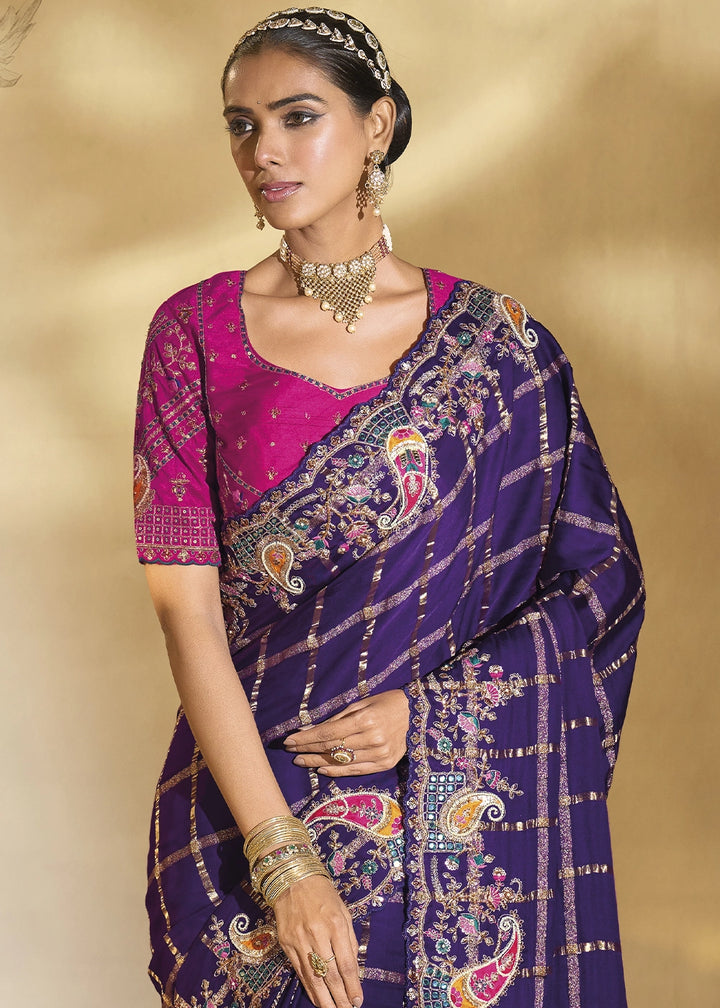 Indigo Purple Banarasi Silk Saree with Intricate Thread, Cut-Dana and Zari Embroidery