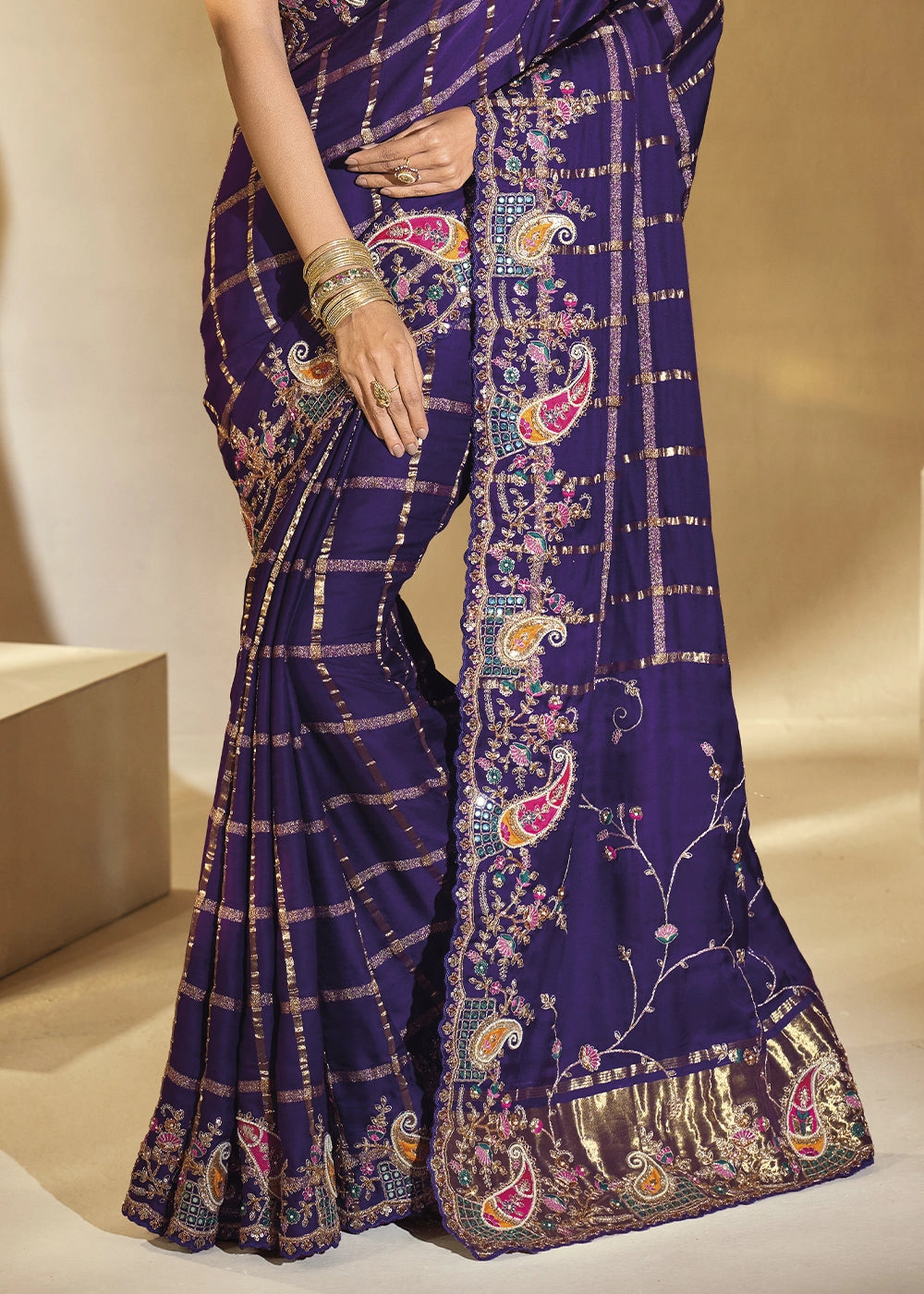 Indigo Purple Banarasi Silk Saree with Intricate Thread, Cut-Dana and Zari Embroidery