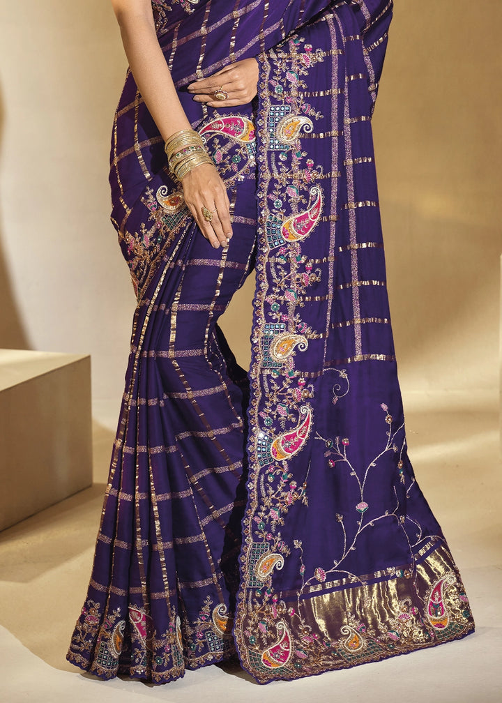 Indigo Purple Banarasi Silk Saree with Intricate Thread, Cut-Dana and Zari Embroidery