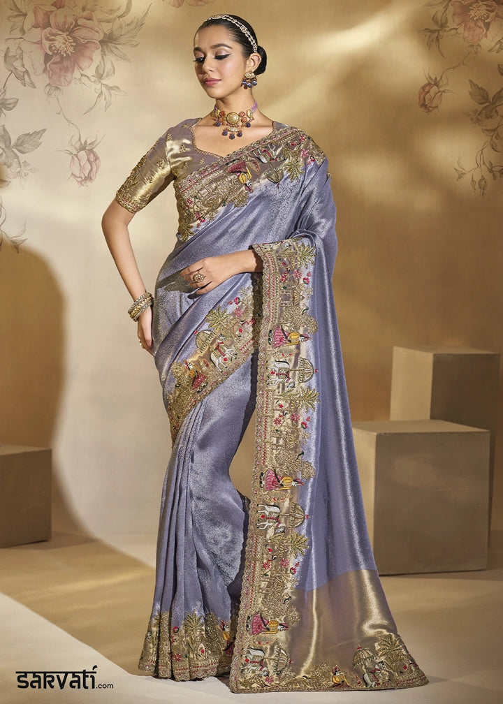 Purple Lilac Blush Kanjivaram Silk Saree with Intricate Thread, Cut-Dana and Zari Embroidery