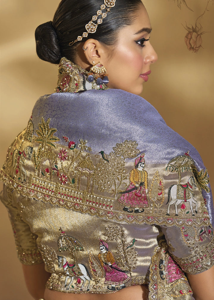 Purple Lilac Blush Kanjivaram Silk Saree with Intricate Thread, Cut-Dana and Zari Embroidery