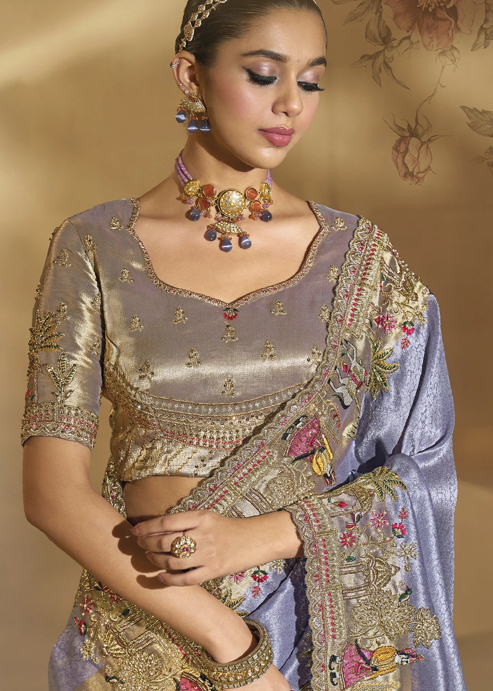 Purple Lilac Blush Kanjivaram Silk Saree with Intricate Thread, Cut-Dana and Zari Embroidery