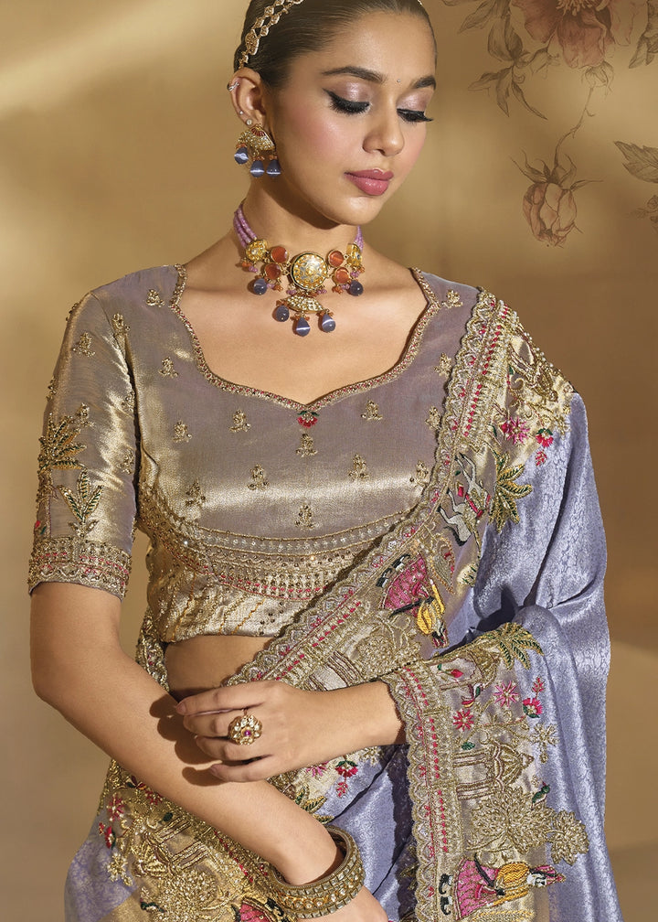 Purple Lilac Blush Kanjivaram Silk Saree with Intricate Thread, Cut-Dana and Zari Embroidery