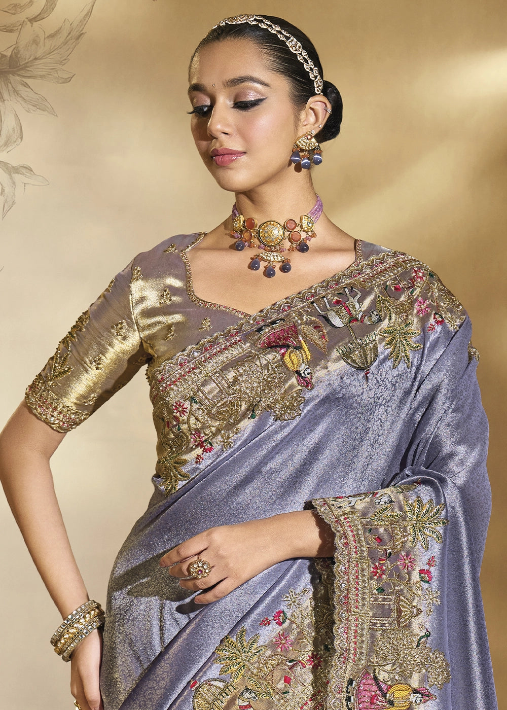 Purple Lilac Blush Kanjivaram Silk Saree with Intricate Thread, Cut-Dana and Zari Embroidery