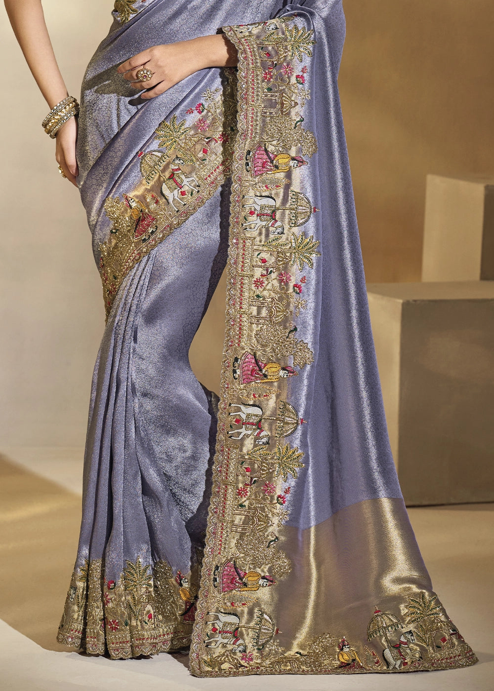 Purple Lilac Blush Kanjivaram Silk Saree with Intricate Thread, Cut-Dana and Zari Embroidery